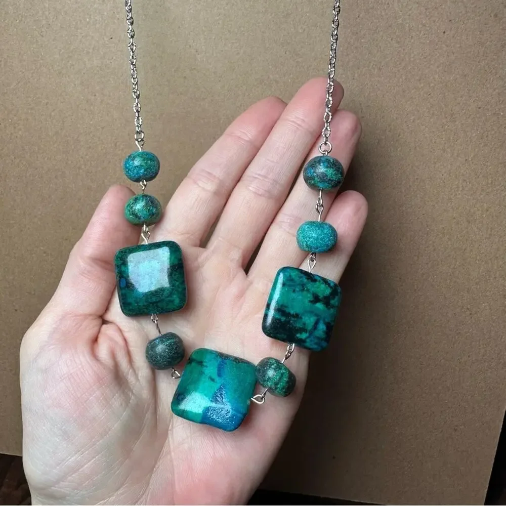 Chrysocolla necklace square and round beats handmade one of a kind gemstone